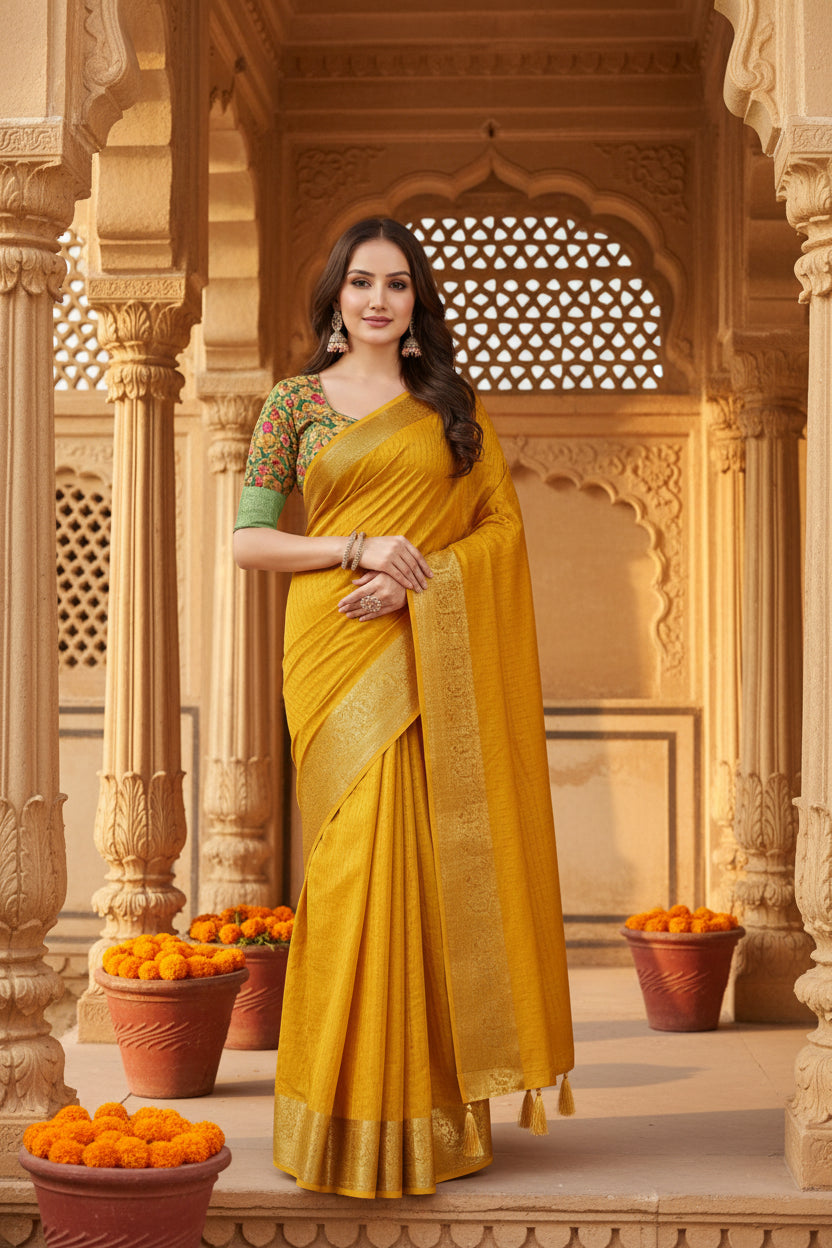 Women's Cotton Blend Checkered Saree With Unstitched Blouse 5.5Mtr (Yellow)