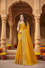 Load image into Gallery viewer, Women's Cotton Blend Checkered Saree With Unstitched Blouse 5.5Mtr (Yellow)
