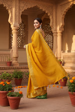 Load image into Gallery viewer, Women's Cotton Blend Checkered Saree With Unstitched Blouse 5.5Mtr (Yellow)
