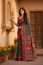 Load image into Gallery viewer, Women's Cotton Silk Printed Saree With Unstitched Blouse 5.5Mtr (Black)
