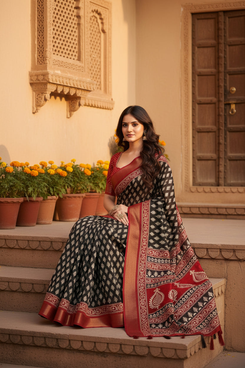 Women's Cotton Silk Printed Saree With Unstitched Blouse 5.5Mtr (Black)