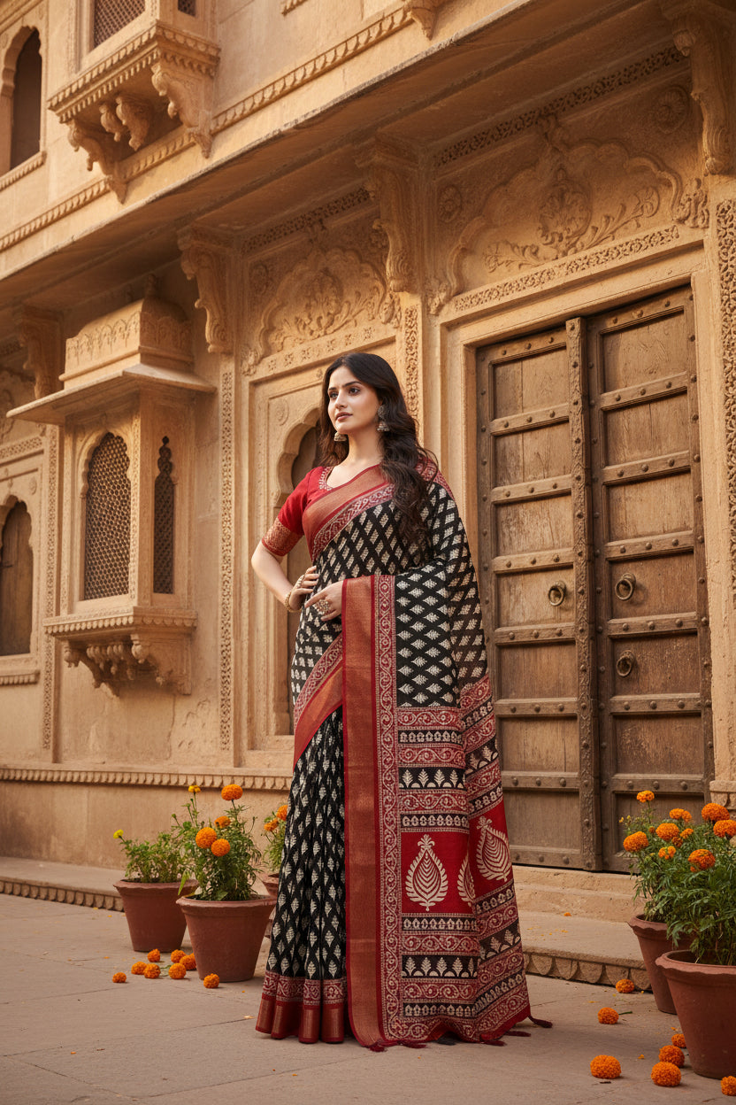 Women's Cotton Silk Printed Saree With Unstitched Blouse 5.5Mtr (Black)
