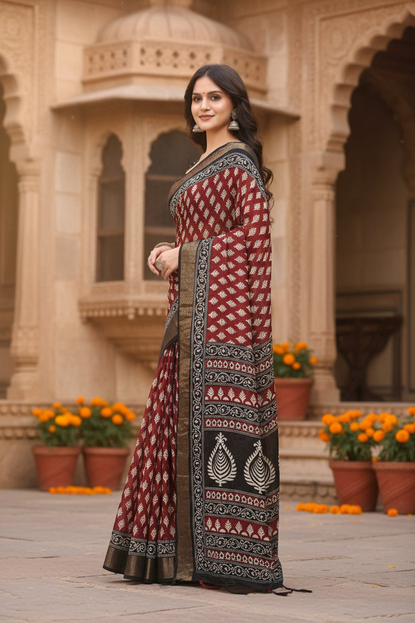 Women's Cotton Silk Printed Saree With Unstitched Blouse 5.5Mtr (Red)