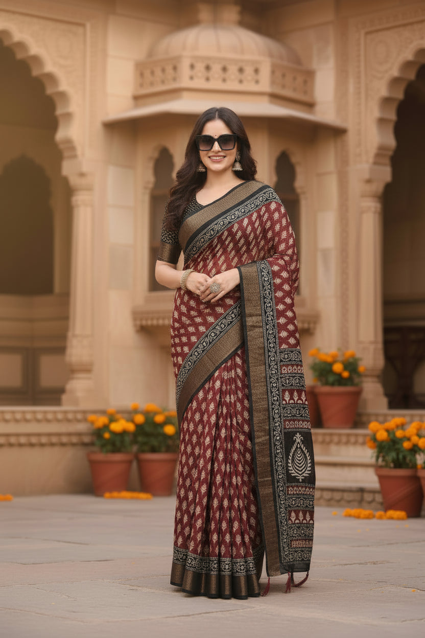 Women's Cotton Silk Printed Saree With Unstitched Blouse 5.5Mtr (Red)