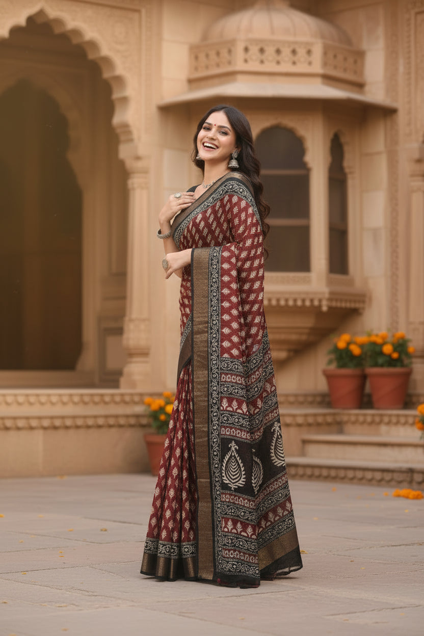 Women's Cotton Silk Printed Saree With Unstitched Blouse 5.5Mtr (Red)
