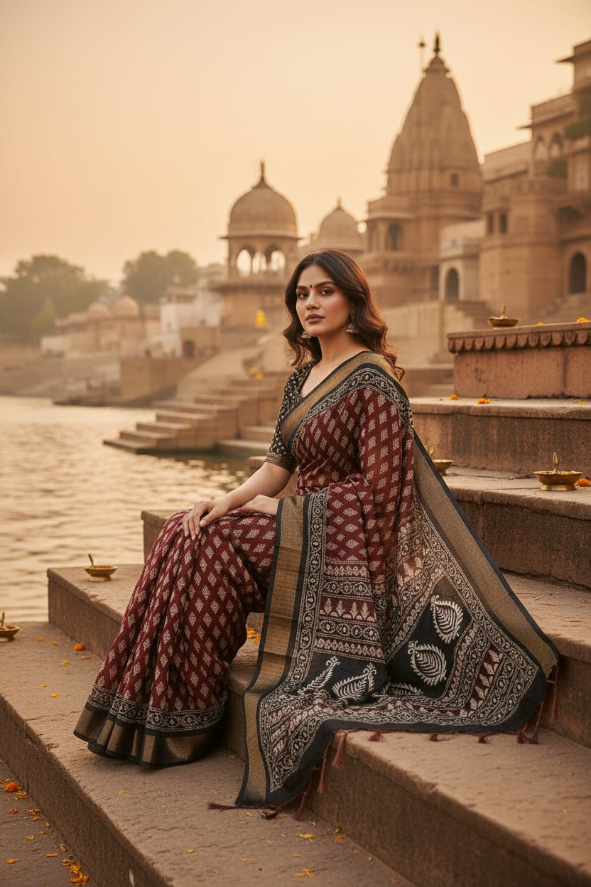 Women's Cotton Silk Printed Saree With Unstitched Blouse 5.5Mtr (Red)