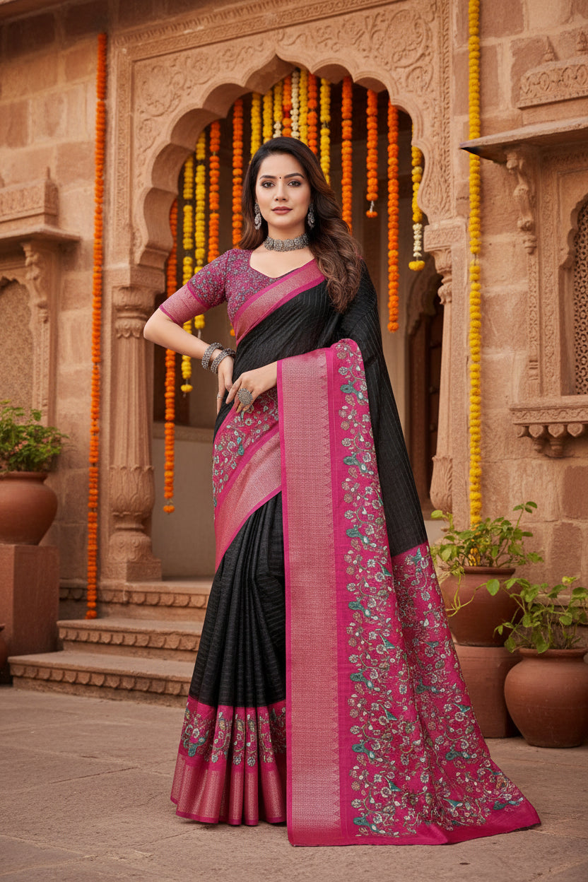 Women's Cotton Silk Printed Saree With Unstitched Blouse 5.5Mtr (Black-Pink)