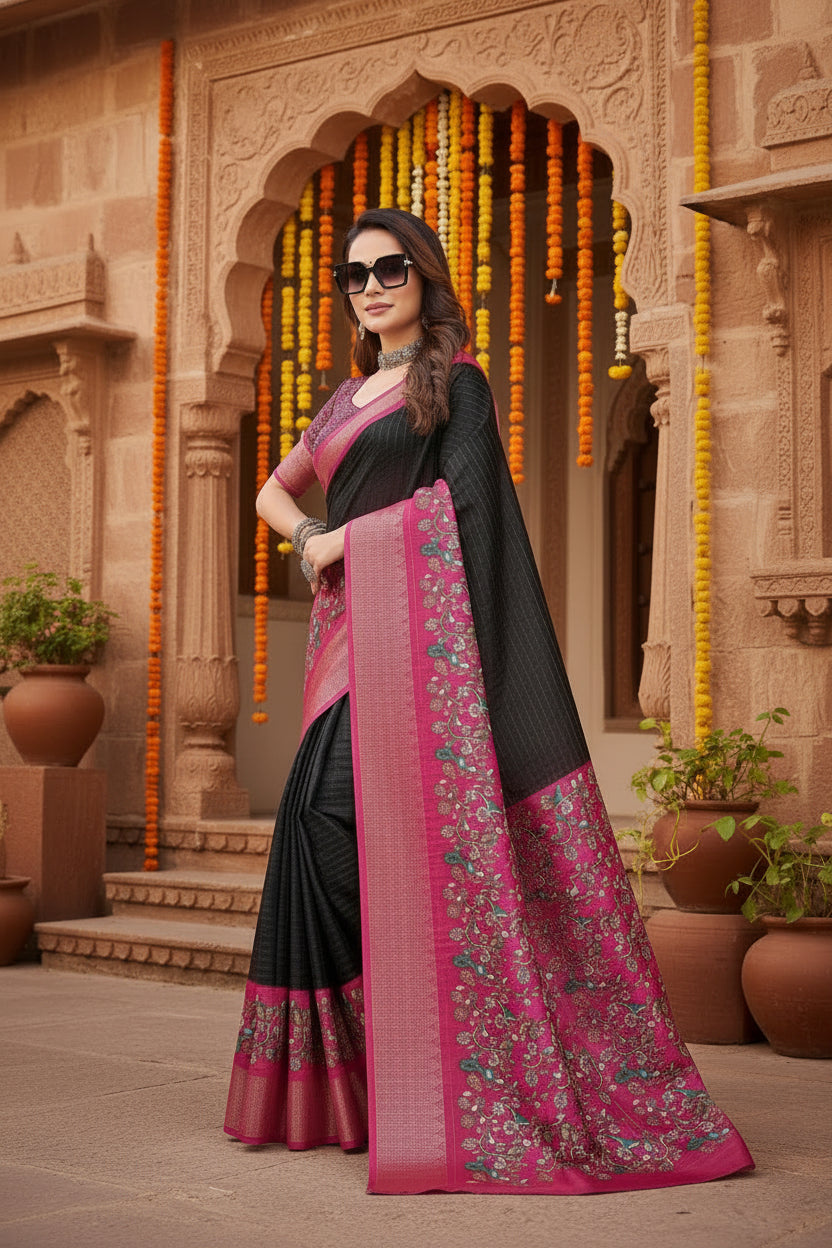 Women's Cotton Silk Printed Saree With Unstitched Blouse 5.5Mtr (Black-Pink)