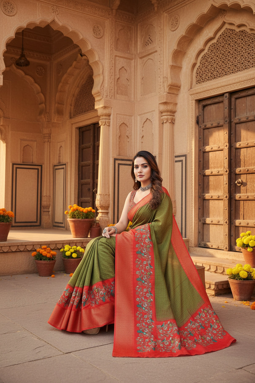 Women's Cotton Silk Printed Saree With Unstitched Blouse 5.5Mtr (Green-Red)