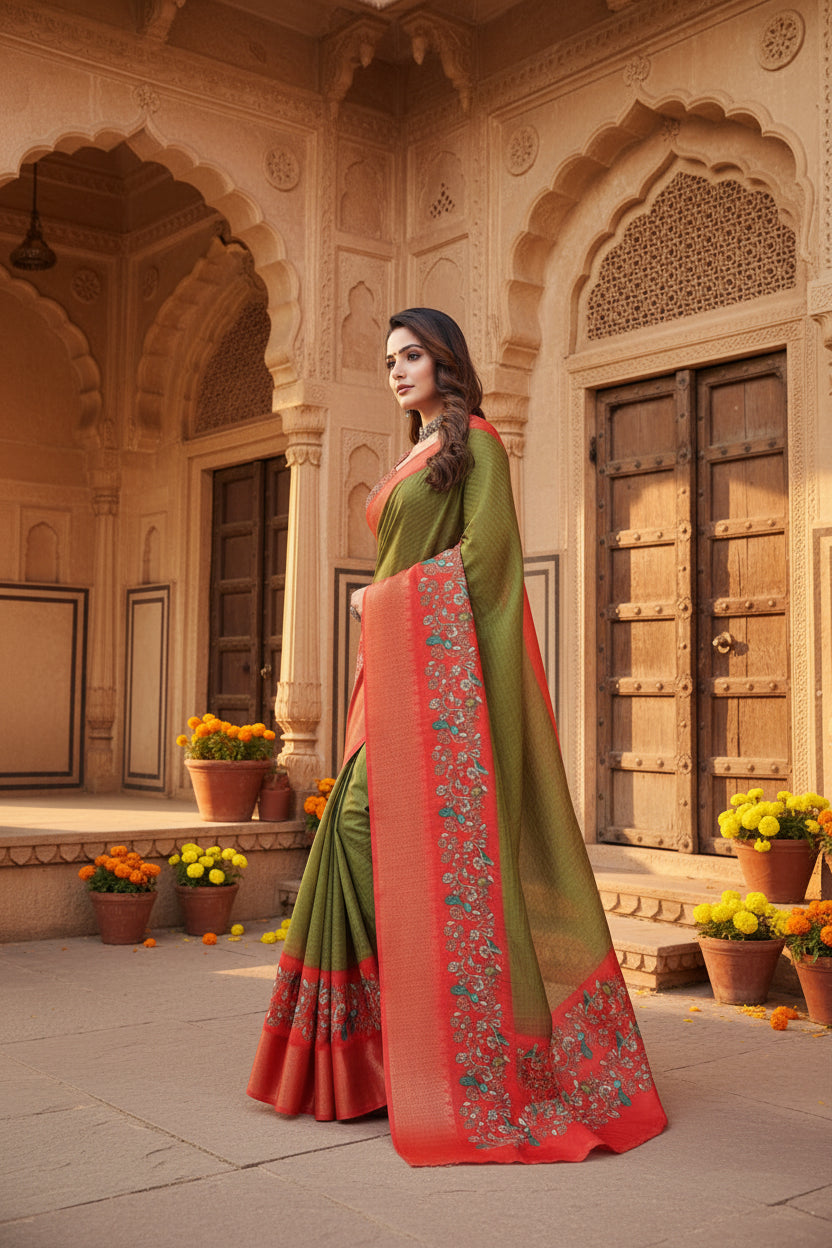 Women's Cotton Silk Printed Saree With Unstitched Blouse 5.5Mtr (Green-Red)