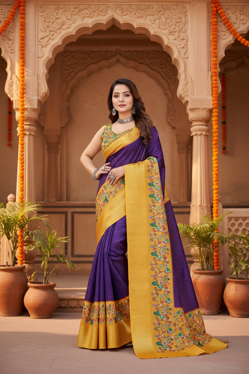 Women's Cotton Silk Printed Saree With Unstitched Blouse 5.5Mtr (Multicolor)