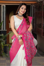 Load image into Gallery viewer, Women's Cotton Silk Printed Saree With Unstitched Blouse 5.5Mtr (White-Pink)

