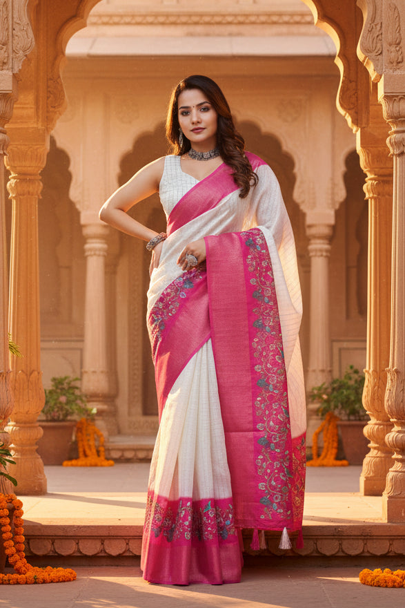 Women's Cotton Silk Printed Saree With Unstitched Blouse 5.5Mtr (White-Pink)