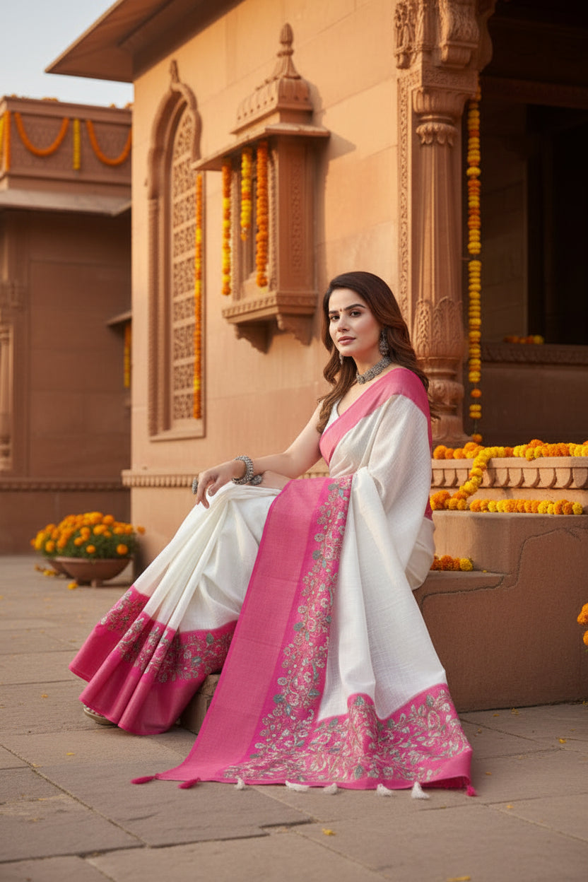 Women's Cotton Silk Printed Saree With Unstitched Blouse 5.5Mtr (White-Pink)