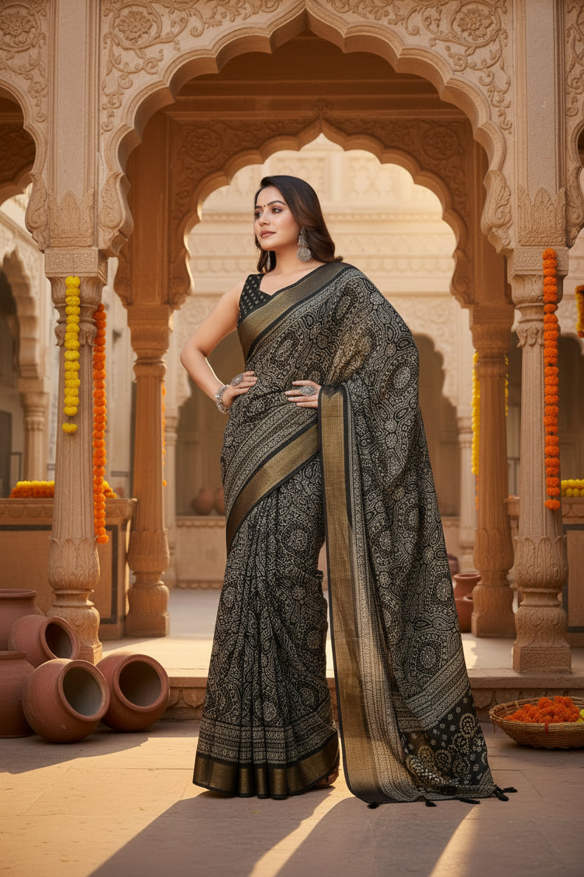 Women's Cotton Silk Printed Saree With Unstitched Blouse 5.5Mtr (Black)