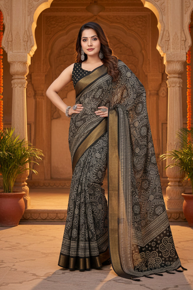 Women's Cotton Silk Printed Saree With Unstitched Blouse 5.5Mtr (Black)