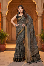 Load image into Gallery viewer, Women's Cotton Silk Printed Saree With Unstitched Blouse 5.5Mtr (Black)
