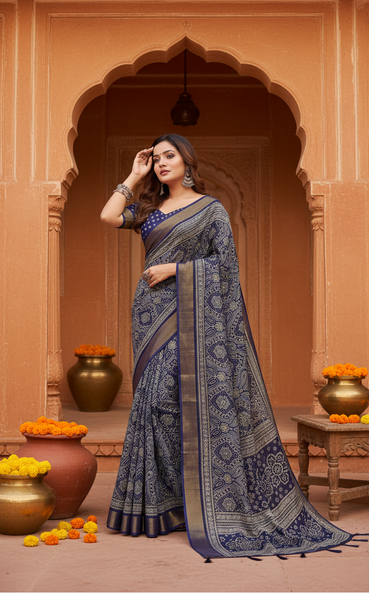 Women's Cotton Silk Printed Saree With Unstitched Blouse 5.5Mtr (Blue)