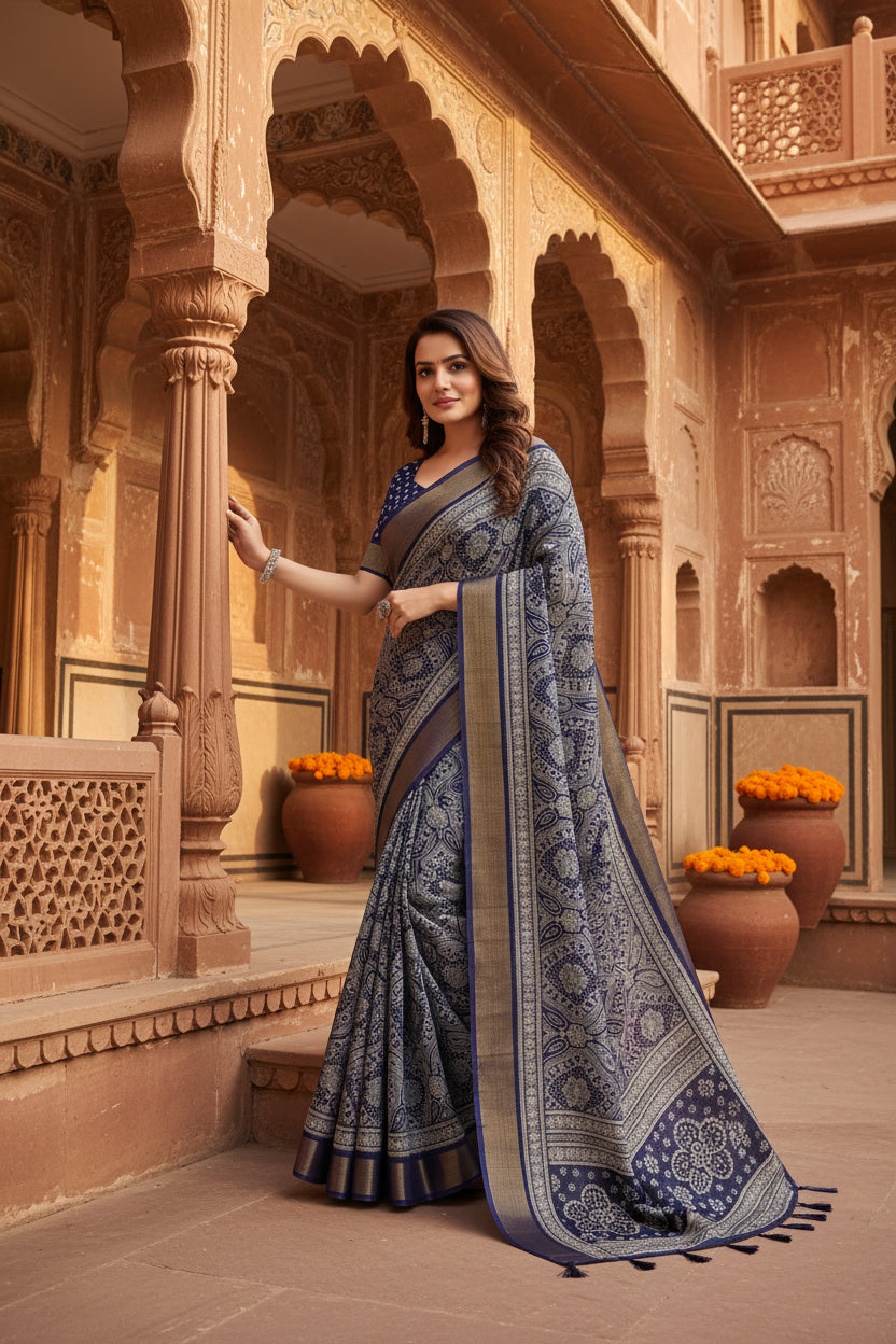 Women's Cotton Silk Printed Saree With Unstitched Blouse 5.5Mtr (Blue)