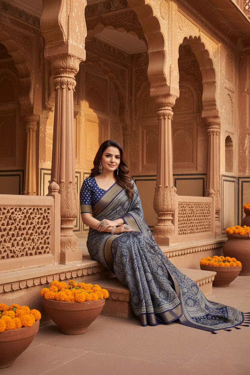 Women's Cotton Silk Printed Saree With Unstitched Blouse 5.5Mtr (Blue)