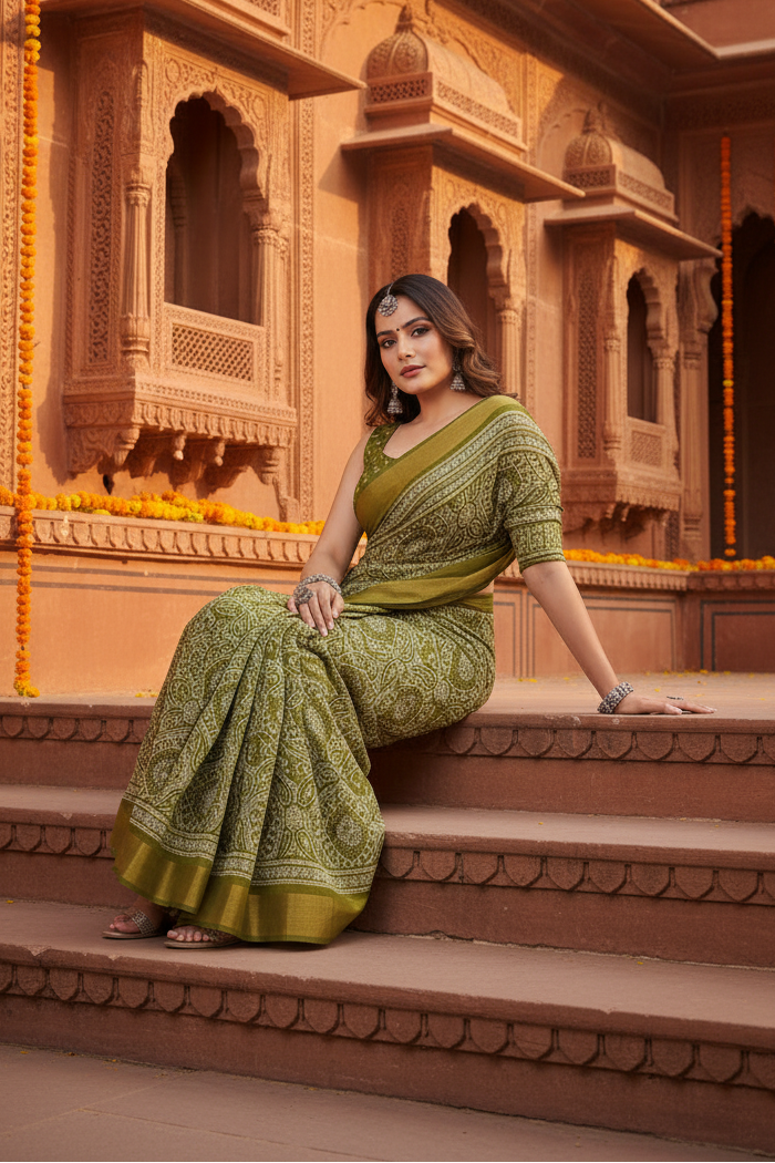 Women's Cotton Silk Printed Saree With Unstitched Blouse 5.5Mtr (Green)