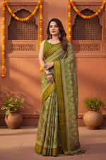 Load image into Gallery viewer, Women's Cotton Silk Printed Saree With Unstitched Blouse 5.5Mtr (Green)
