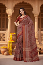 Load image into Gallery viewer, Women's Cotton Silk Printed Saree With Unstitched Blouse 5.5Mtr (Maroon)
