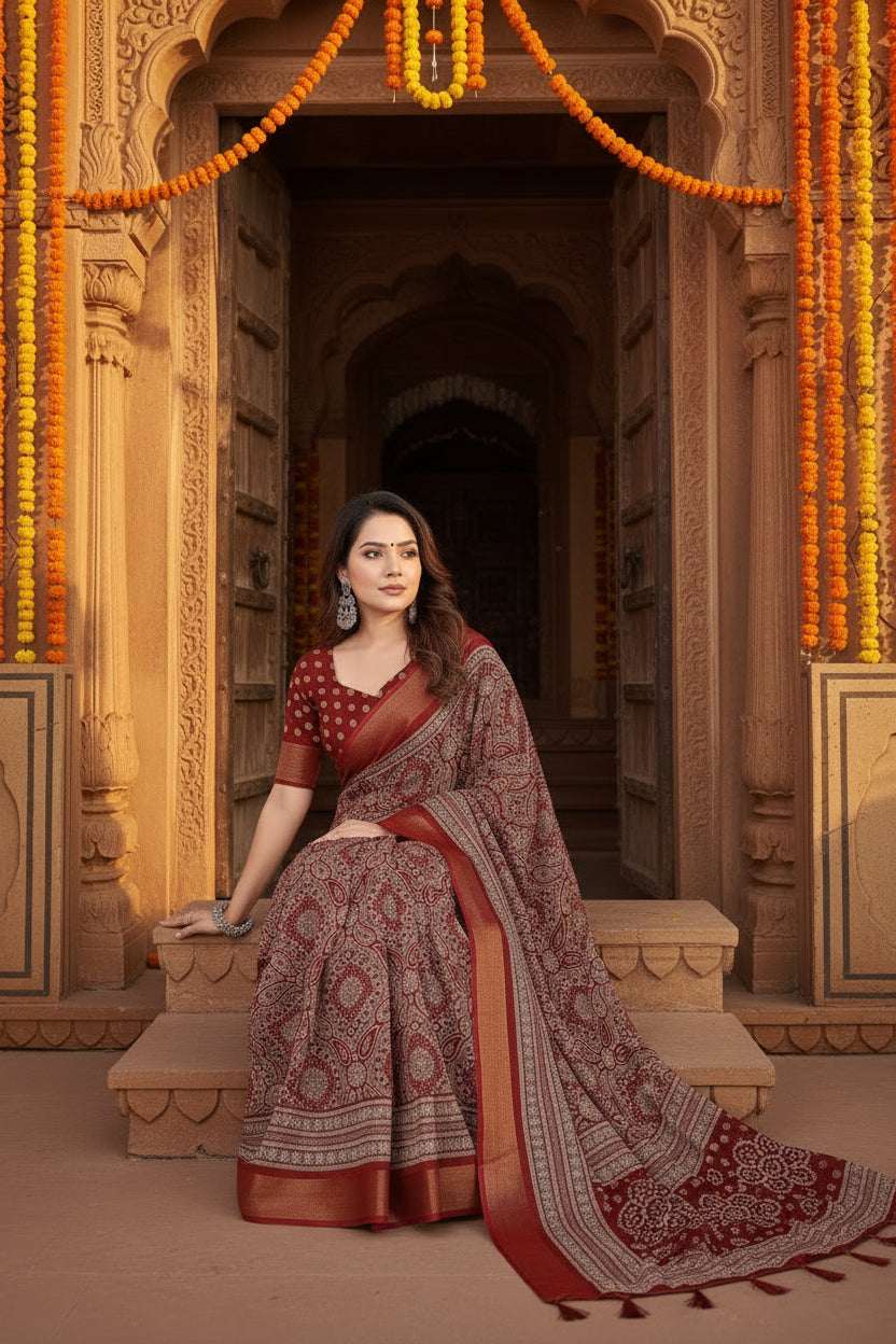 Women's cotton silk printed saree with unstitched blouse 5