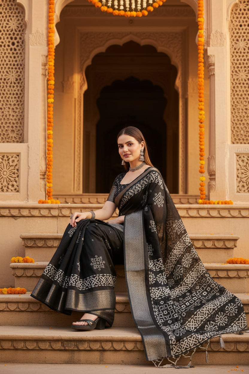 Women's Cotton Silk Printed Saree With Unstitched Blouse 5.5Mtr (Black)