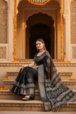 Load image into Gallery viewer, Women's Cotton Silk Printed Saree With Unstitched Blouse 5.5Mtr (Black)
