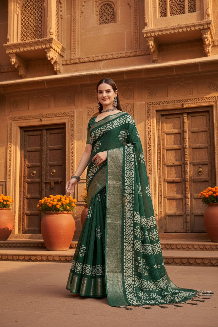 Women's Cotton Silk Printed Saree With Unstitched Blouse 5.5Mtr (Green)