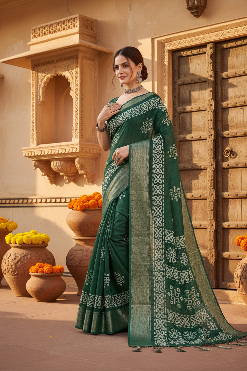 Women's Cotton Silk Printed Saree With Unstitched Blouse 5.5Mtr (Green)