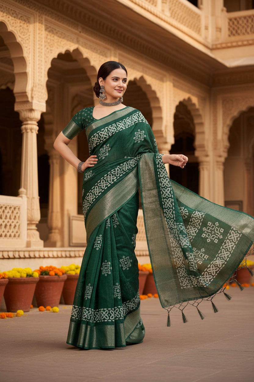 Women's Cotton Silk Printed Saree With Unstitched Blouse 5.5Mtr (Green)