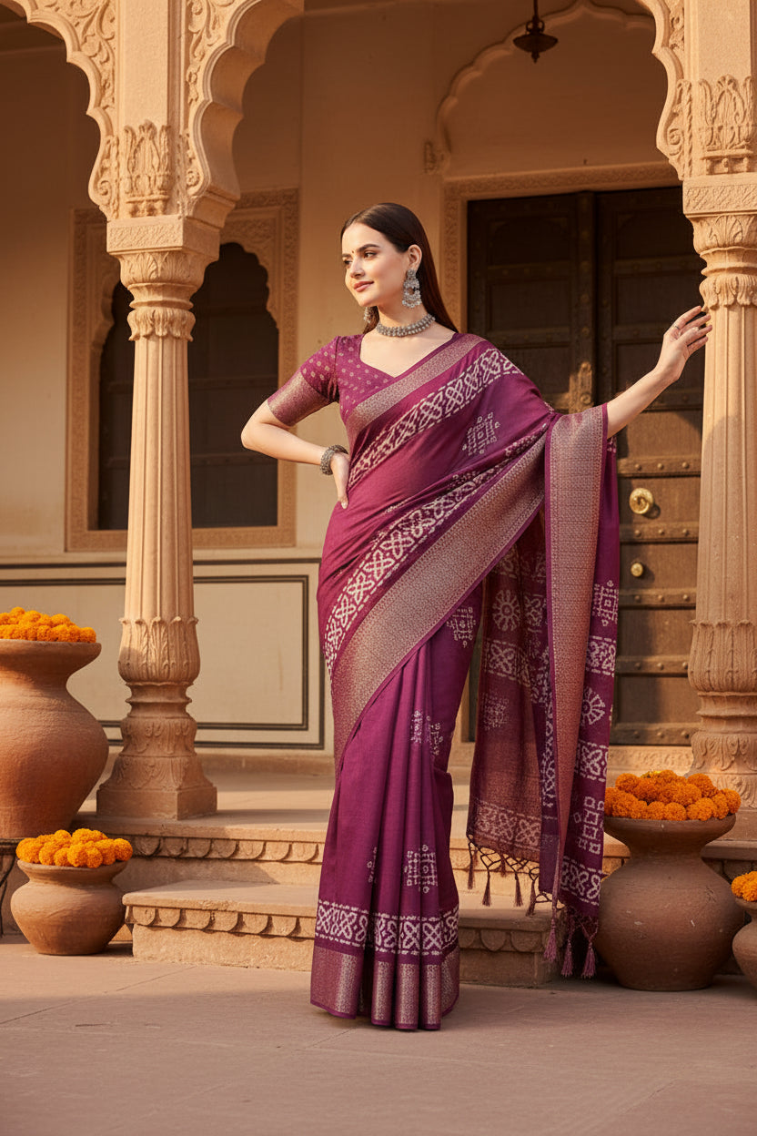 Women's Cotton Silk Printed Saree With Unstitched Blouse 5.5Mtr (Wine)