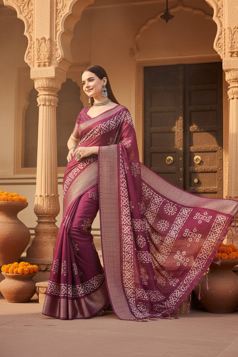 Women's Cotton Silk Printed Saree With Unstitched Blouse 5.5Mtr (Wine)