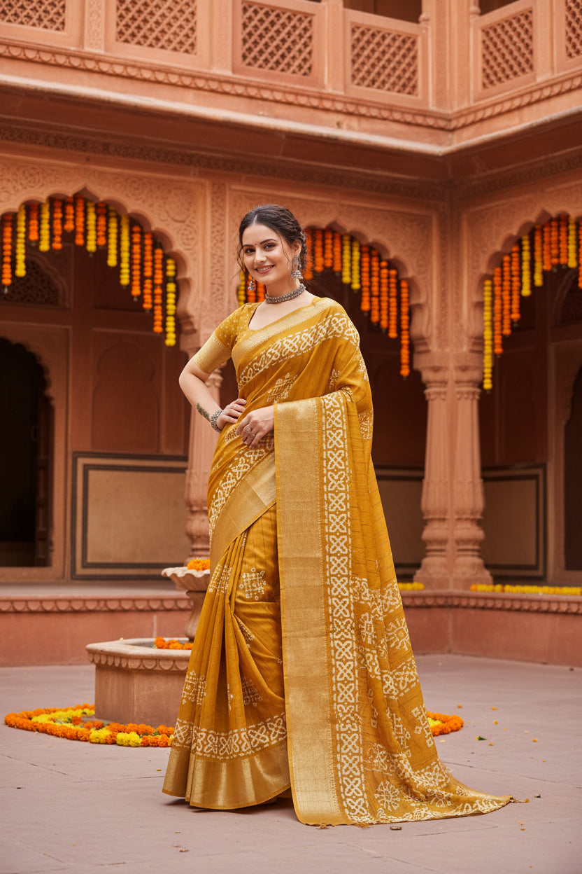 Women's Cotton Silk Printed Saree With Unstitched Blouse 5.5Mtr (Yellow)