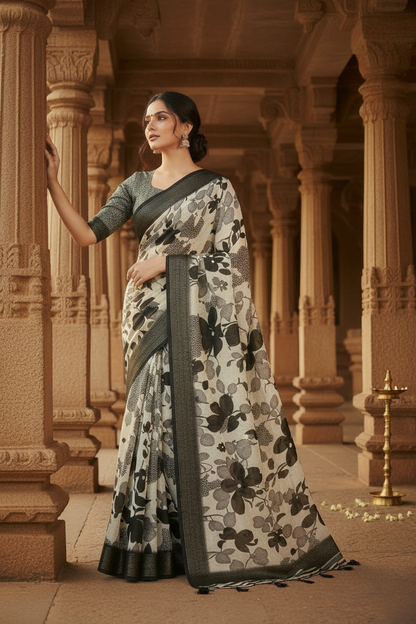 Women's Cotton Silk Floral Printed Saree With Unstitched Blouse 5.5Mtr (Multicolor)