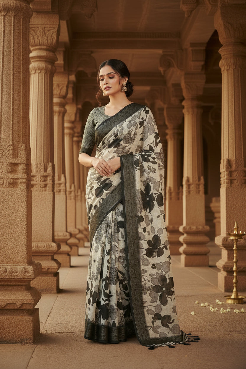 Women's Cotton Silk Floral Printed Saree With Unstitched Blouse 5.5Mtr (Multicolor)