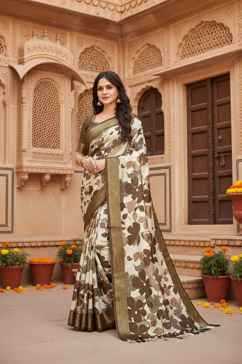 Women's Cotton Silk Floral Printed Saree With Unstitched Blouse 5.5Mtr (Multicolor)