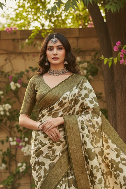 Women's Cotton Silk Floral Printed Saree With Unstitched Blouse 5.5Mtr (Multicolor)