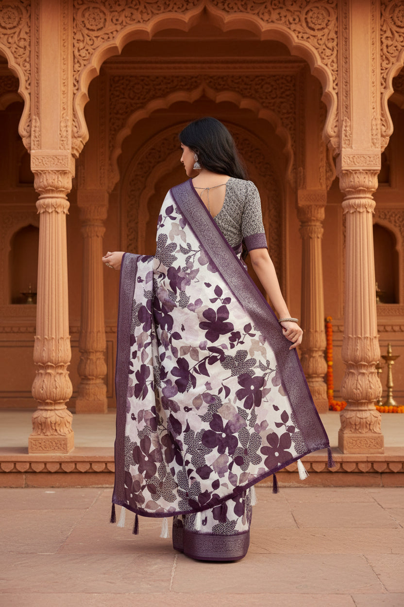 Women's Cotton Silk Floral Printed Saree With Unstitched Blouse 5.5Mtr (Multicolor)