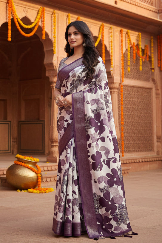 Women's cotton silk floral printed saree with unstitched blouse 5