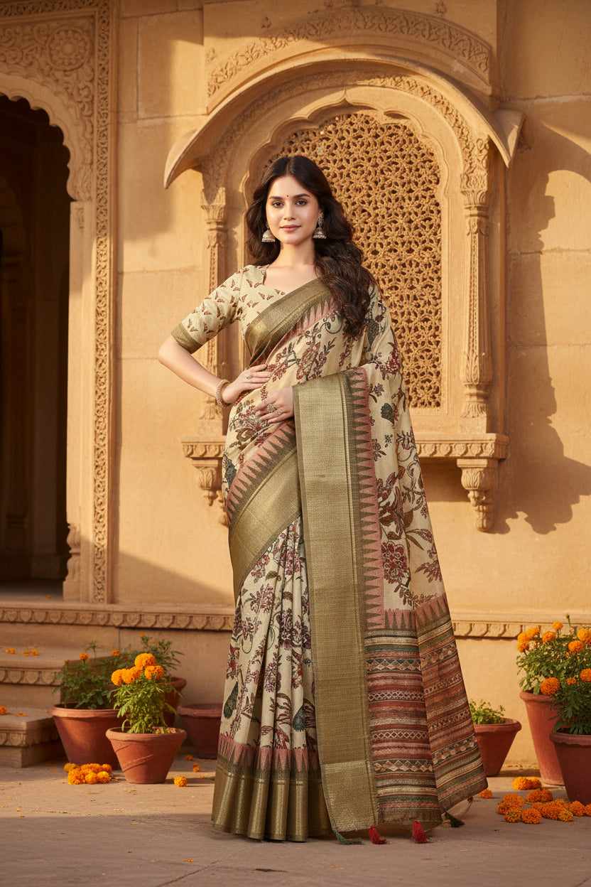 Women's cotton silk printed saree with unstitched blouse 5