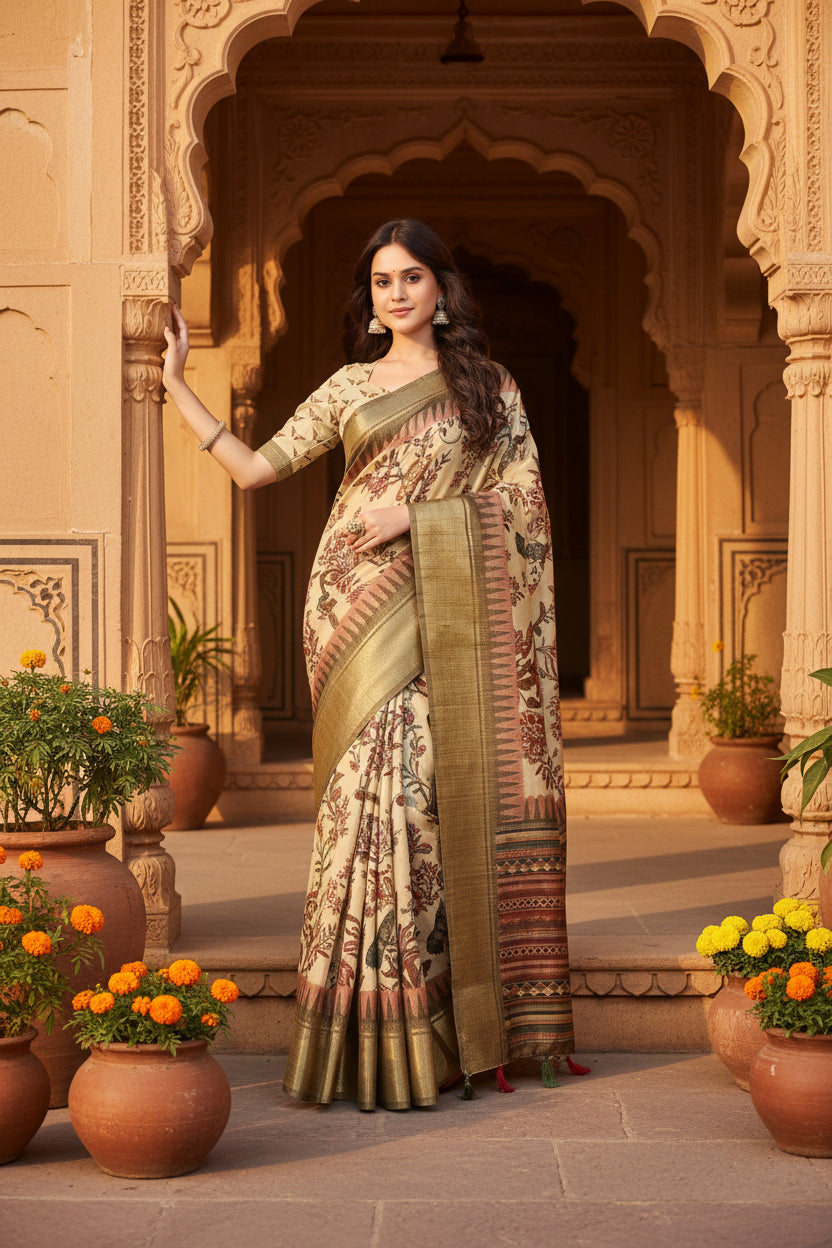 Women's Cotton Silk Printed Saree With Unstitched Blouse 5.5Mtr (Cream)