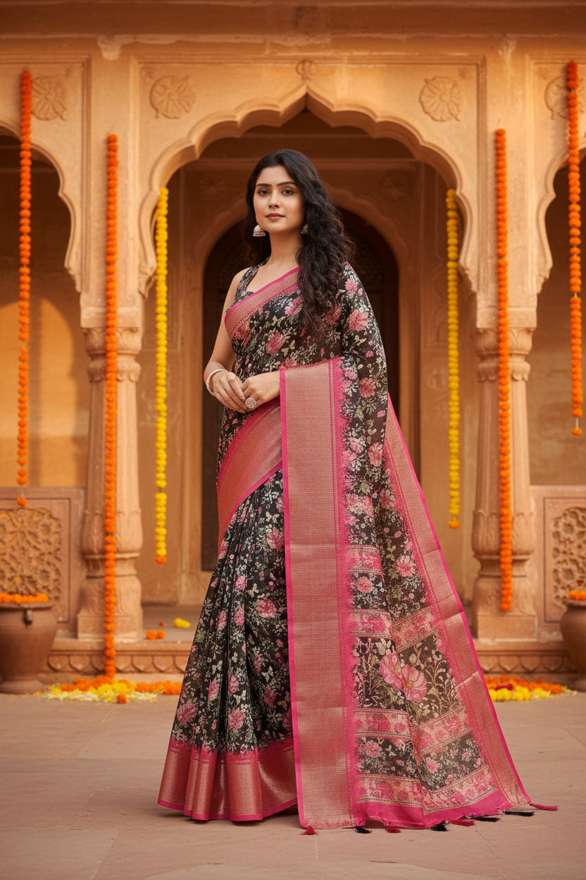 Women's cotton silk floral printed saree with unstitched blouse 5