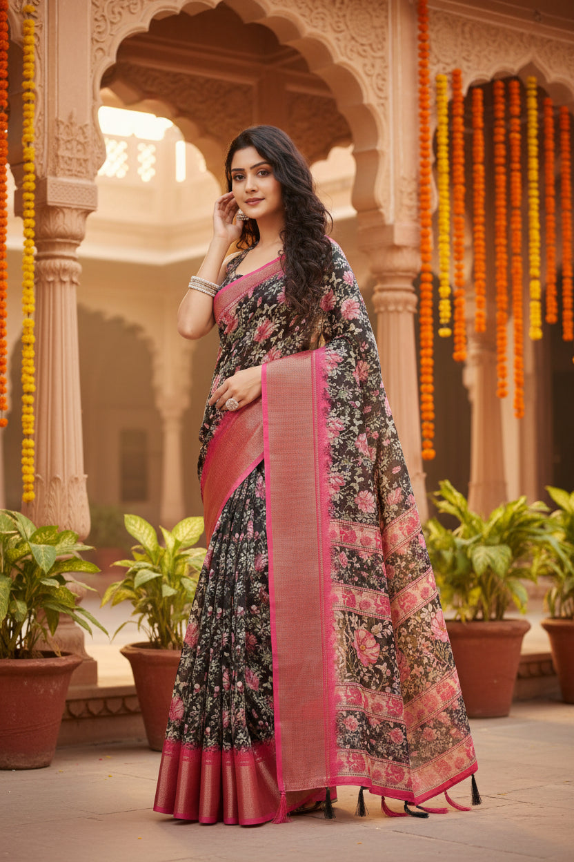 Women's Cotton Silk Floral Printed Saree With Unstitched Blouse 5.5Mtr (Black)