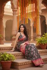 Load image into Gallery viewer, Women's Cotton Silk Floral Printed Saree With Unstitched Blouse 5.5Mtr (Black)
