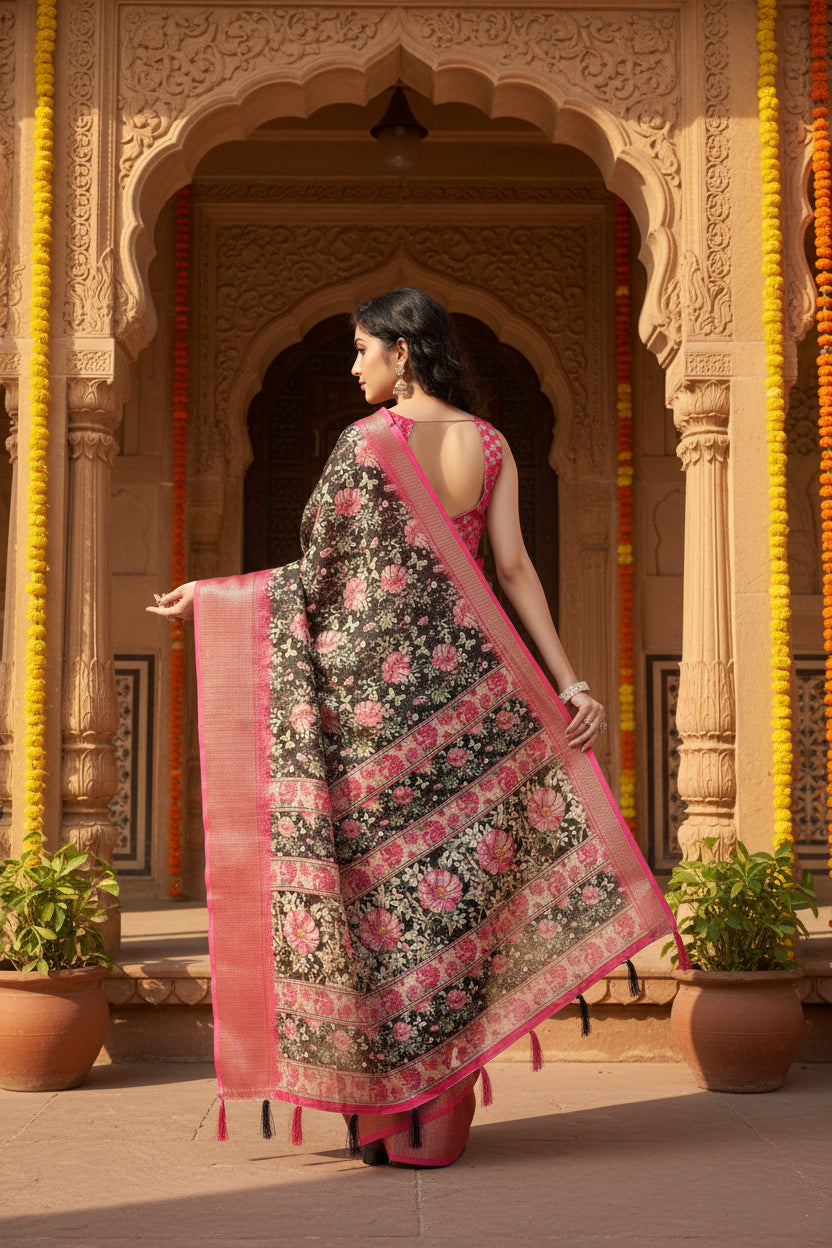 Women's Cotton Silk Floral Printed Saree With Unstitched Blouse 5.5Mtr (Black)