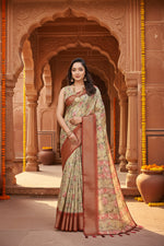 Load image into Gallery viewer, Women's Cotton Silk Floral Printed Saree With Unstitched Blouse 5.5Mtr (Gold)

