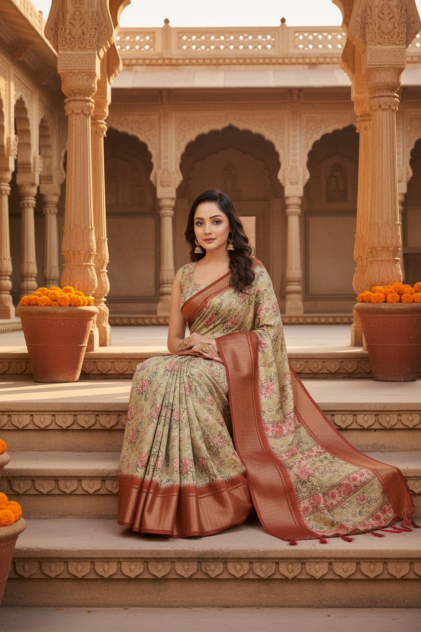 Women's Cotton Silk Floral Printed Saree With Unstitched Blouse 5.5Mtr (Gold)